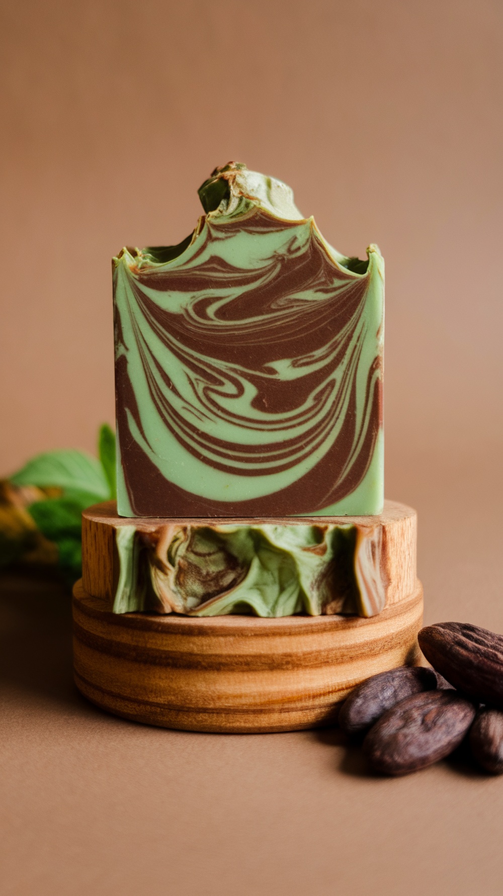 A beautifully swirled bar of mint and cocoa butter soap on a wooden stand, with cocoa beans beside it.