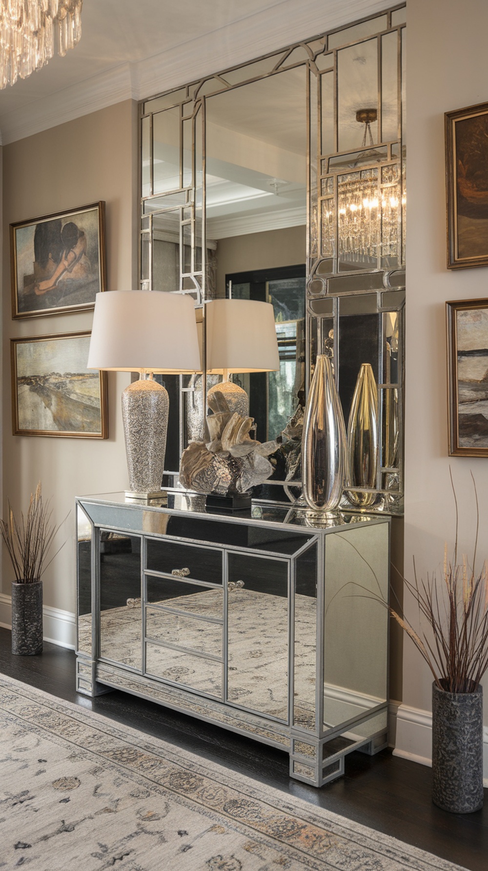 A stylish mirrored console table with decorative items, a lamp, and artwork in a cozy living space.