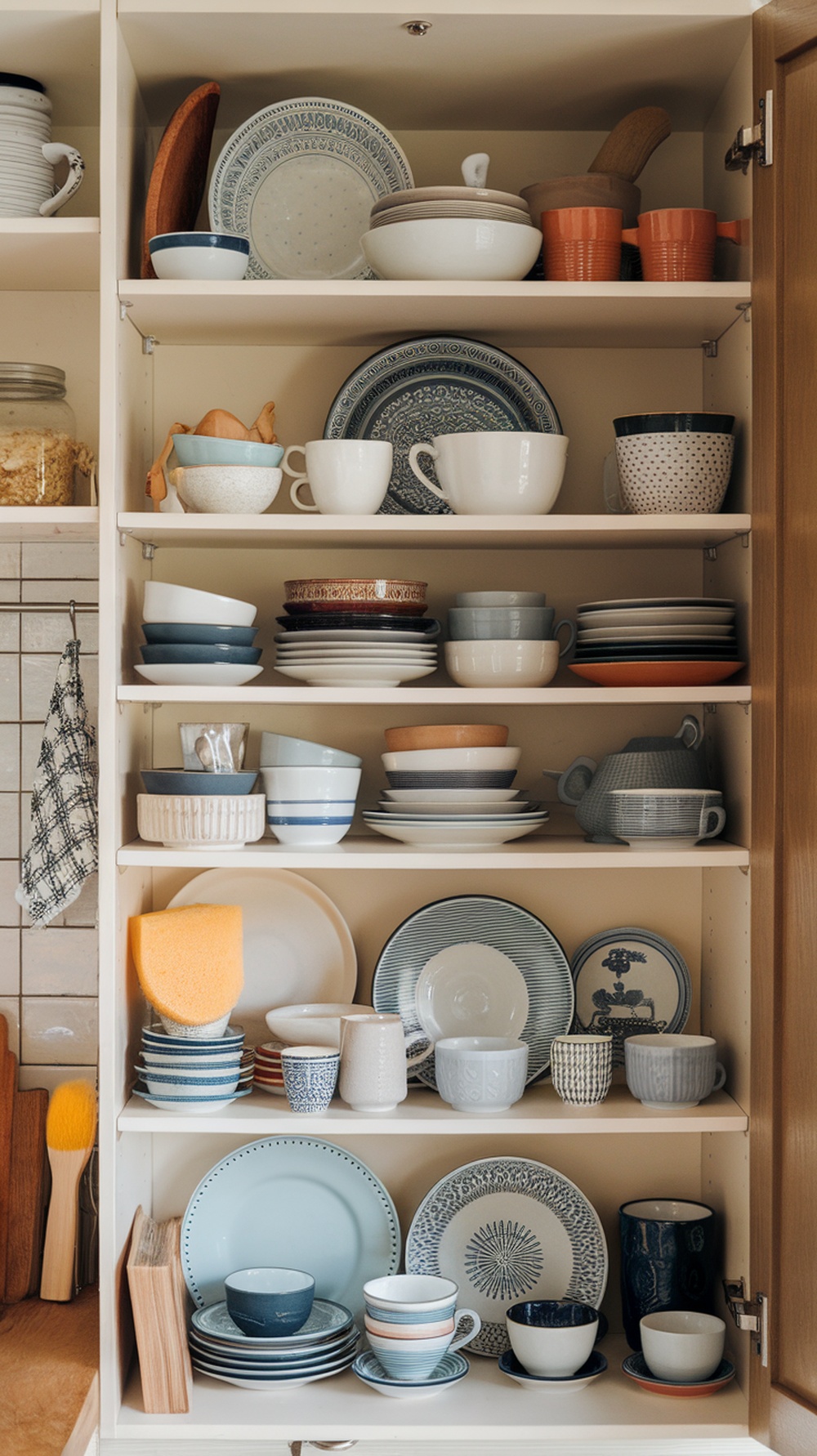 A kitchen cabinet filled with mismatched dishware including plates, bowls, and cups.