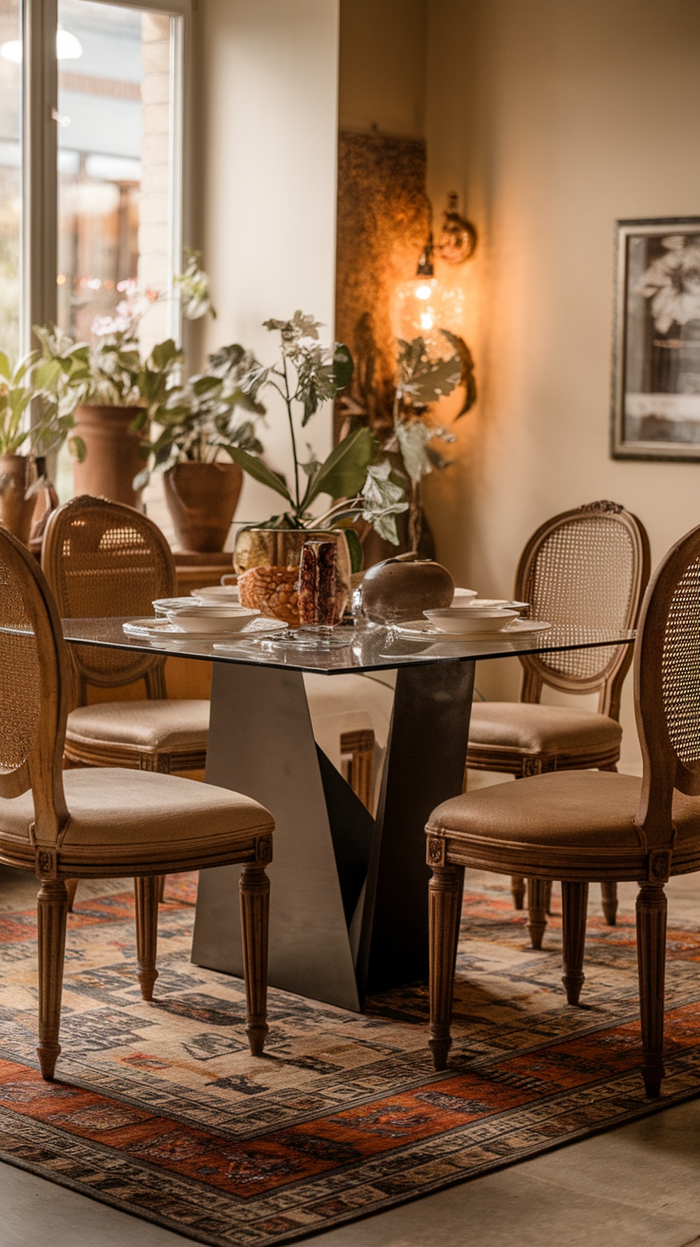 A dining area featuring a modern glass table surrounded by vintage wooden chairs, with plants and decorative items.