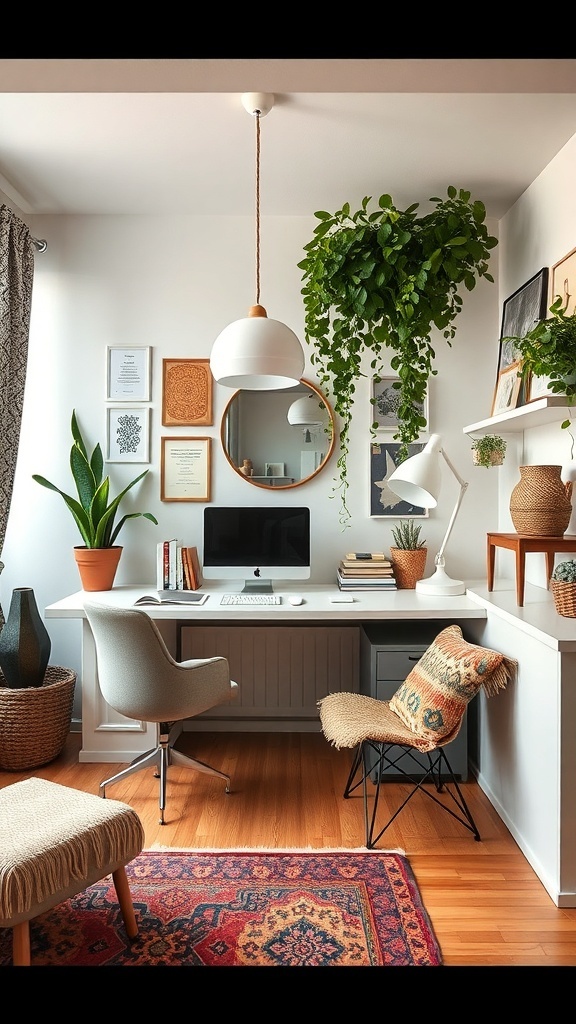 A cozy boho office featuring a mix of patterns and colors, including a vibrant rug and decorative cushions.