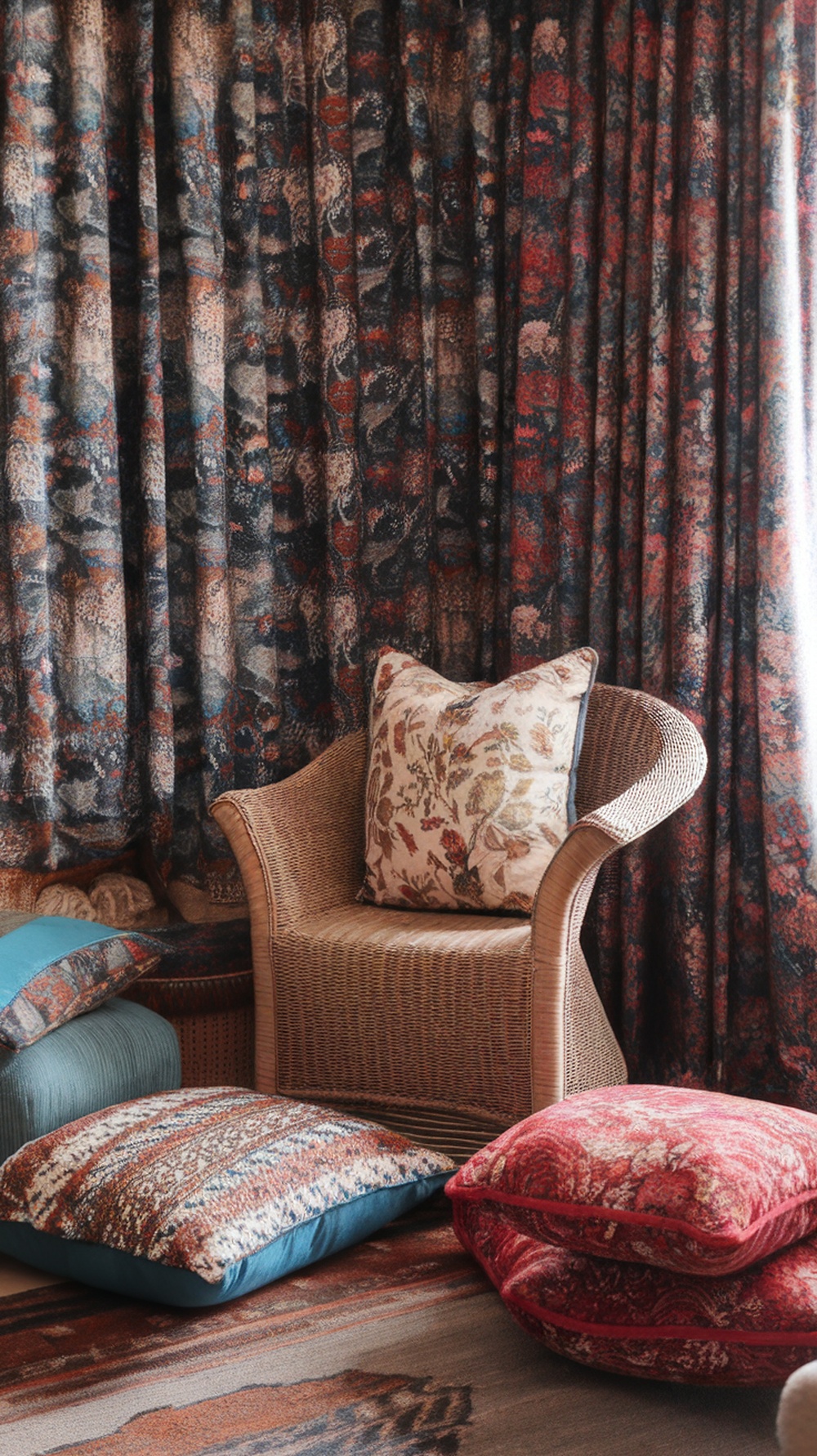 Cozy reading nook with patterned curtains, pillows, and a pouf, showcasing a mix of textures and colors.