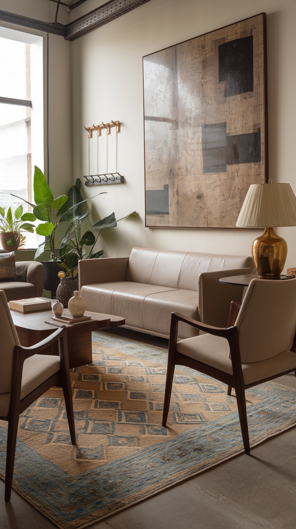 A cozy living room featuring a mix of vintage art and contemporary furniture, with plants and a patterned rug.