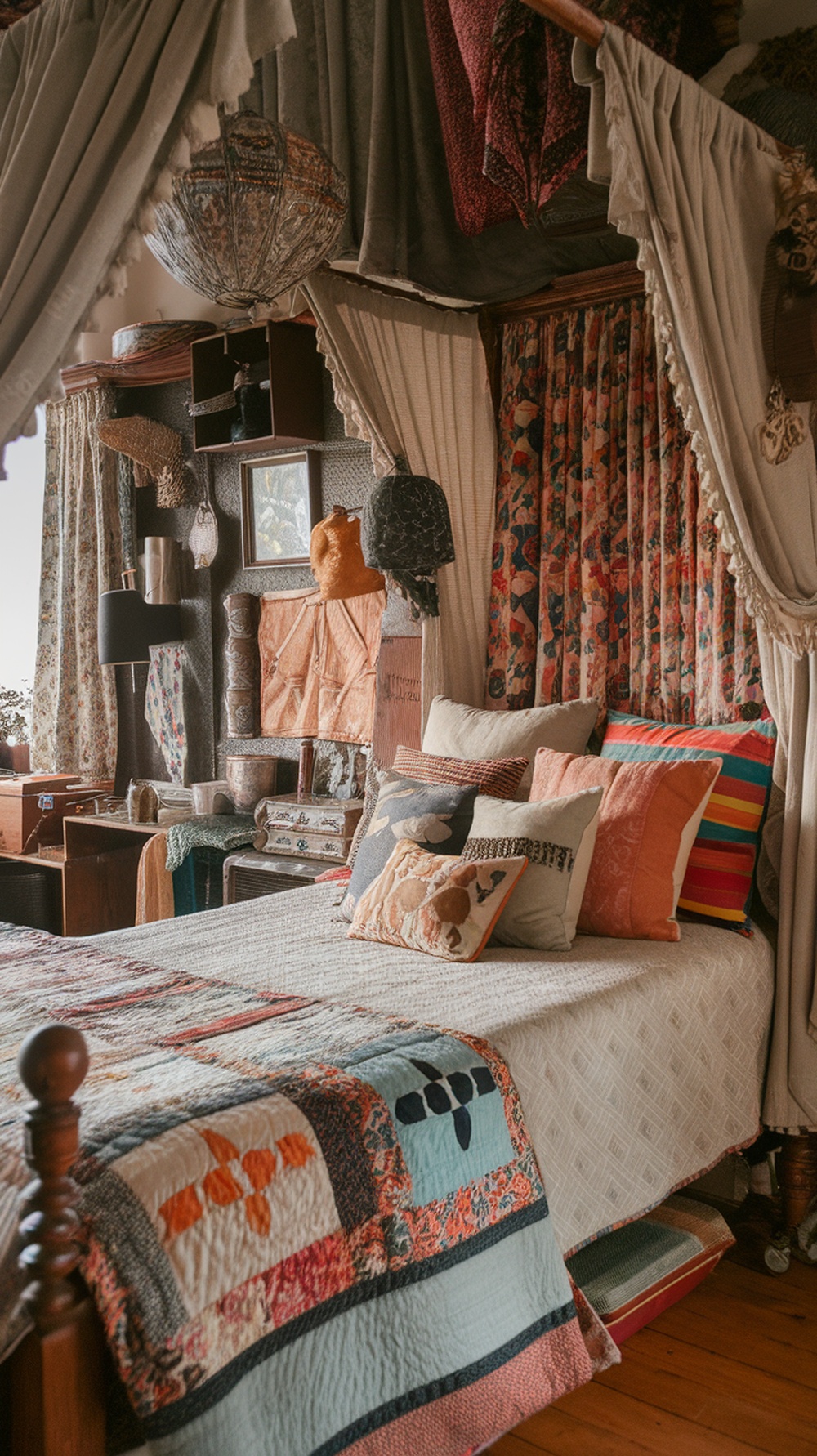 A cozy bedroom featuring a mix of vintage textiles including quilts, pillows, and curtains, creating a warm and inviting atmosphere.