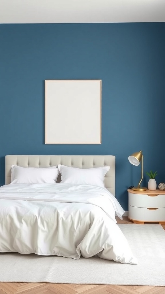 A modern bedroom with blue walls, white bedding, and minimalist decor.