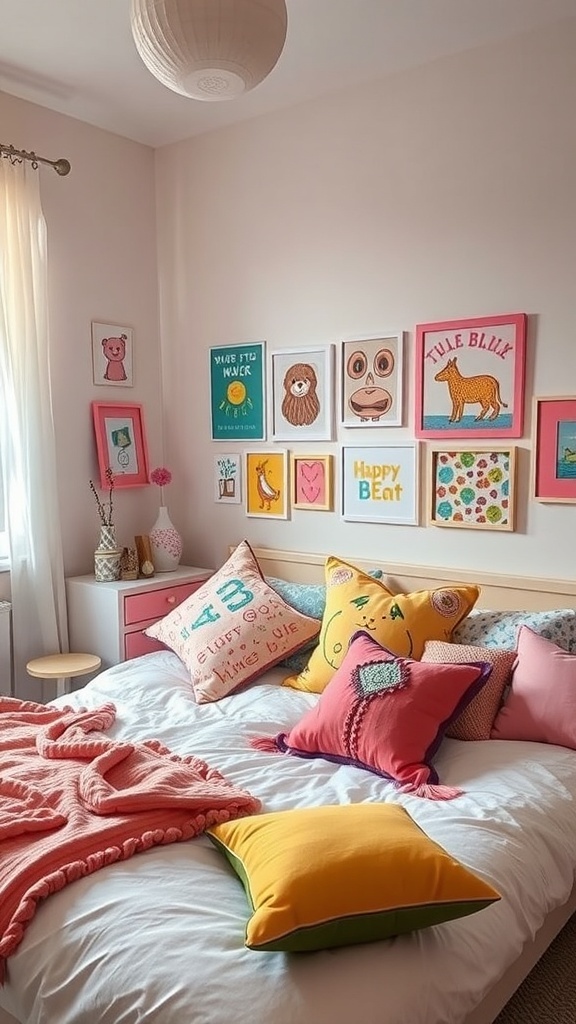 A colorful bedroom with vibrant pillows and playful wall art, creating a cheerful atmosphere.