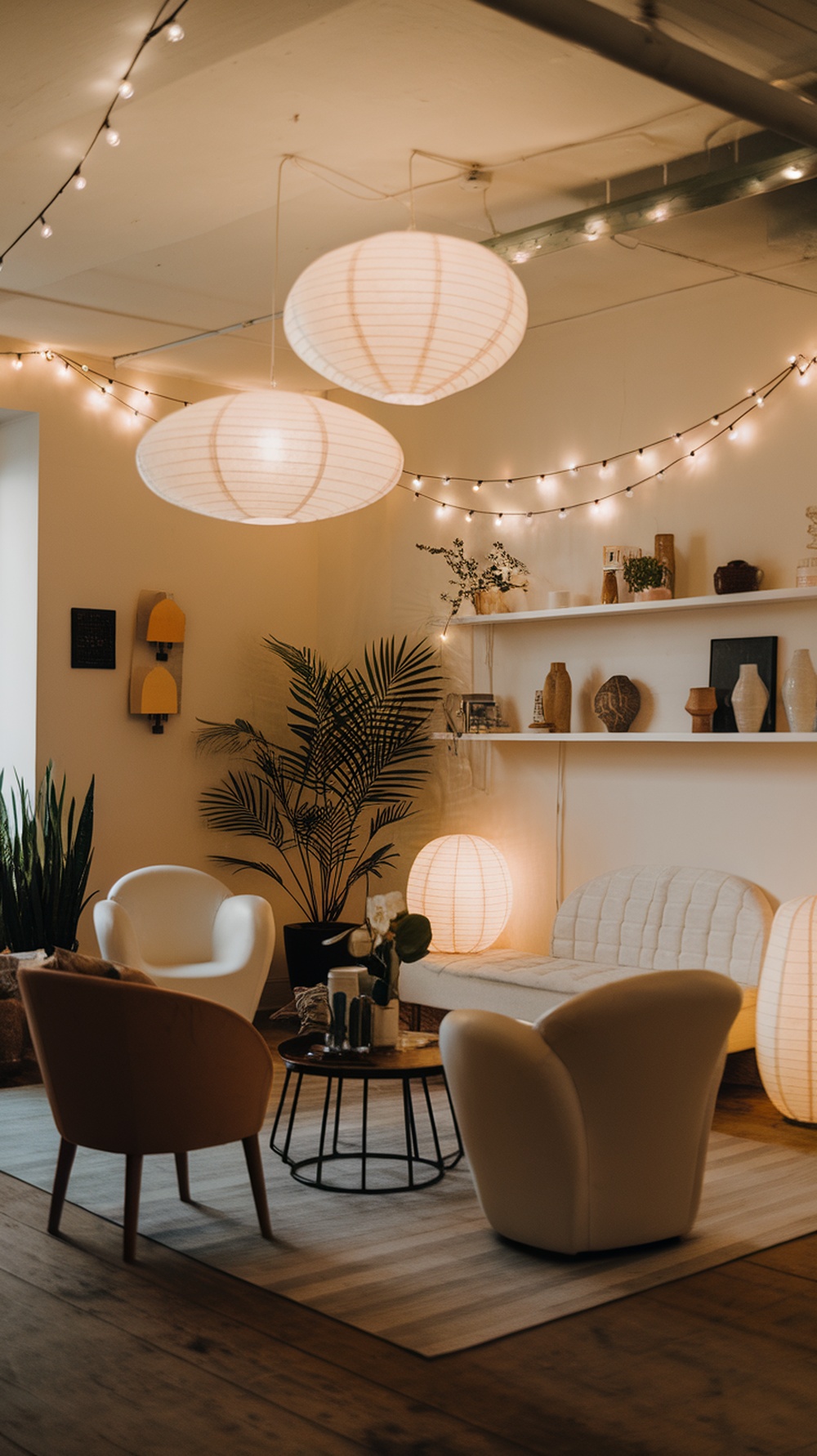 Cozy living room with warm lighting and plants