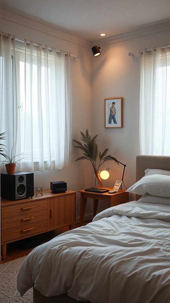 A cozy bedroom with a music setup, featuring a speaker system, warm lighting, and decorative elements.