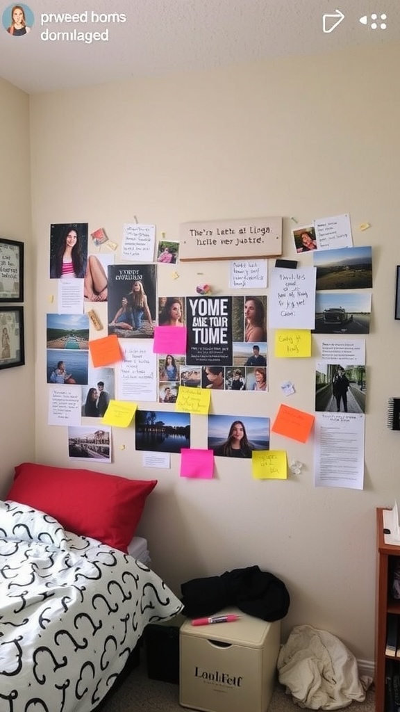 A mood board filled with photos, notes, and reminders on a wall in a dorm room.