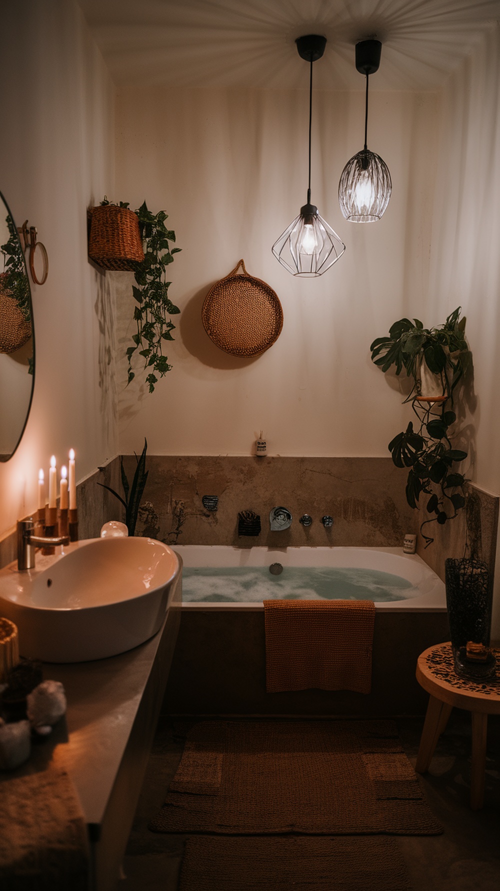 A cozy bathroom with warm lighting, featuring a bathtub, plants, and candles.