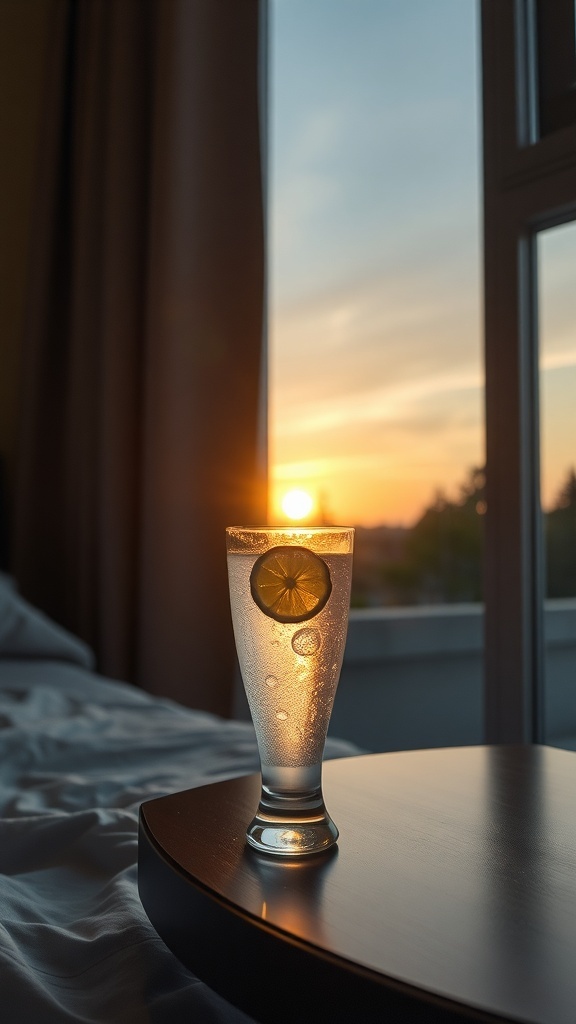 A glass of sparkling water with a slice of lemon on a bedside table, with sunlight streaming through a window.