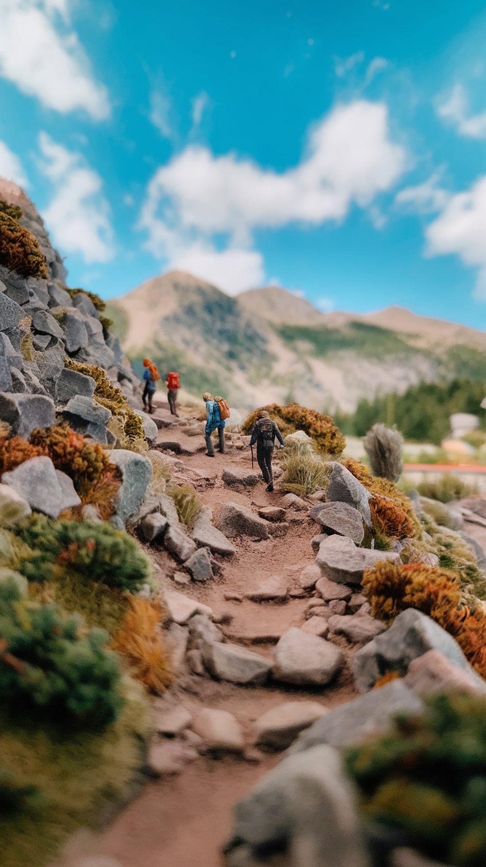 Miniature diorama of a mountain hiking trail with tiny hikers on a rocky path