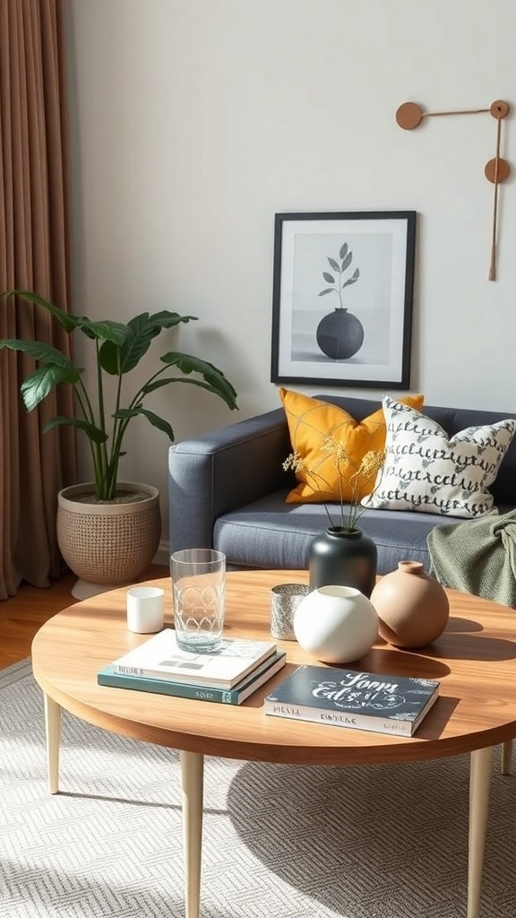 A cozy living room with a round coffee table, decorative pillows, and a plant, showcasing minimalist Christmas decor ideas.