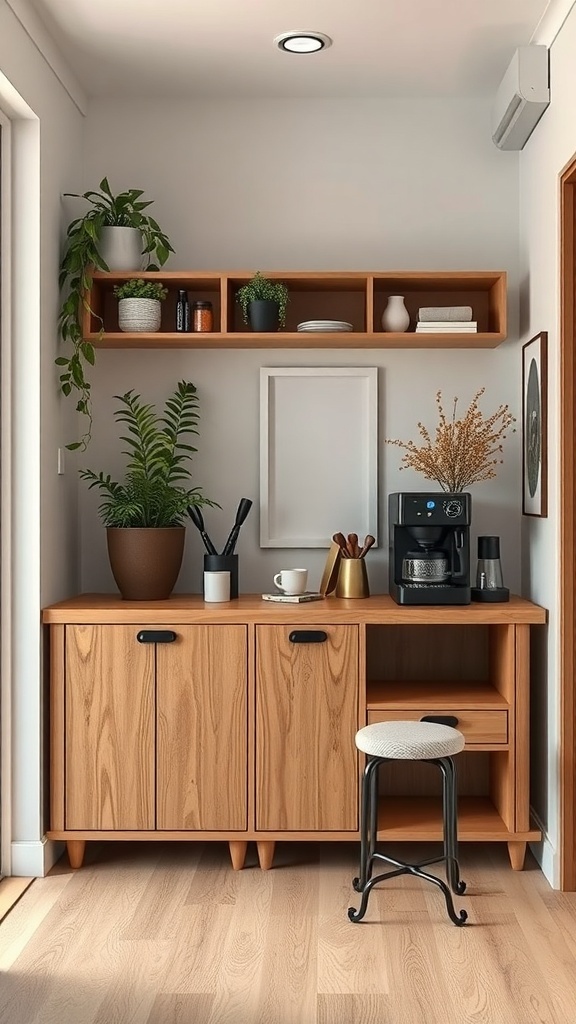 A cozy coffee station with wooden furniture, a coffee maker, plants, and a small stool.