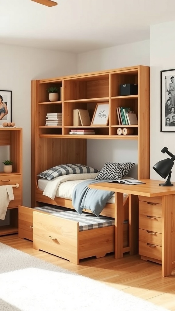 A stylish dorm room featuring multi-functional furniture including a bed with storage underneath and a compact desk.