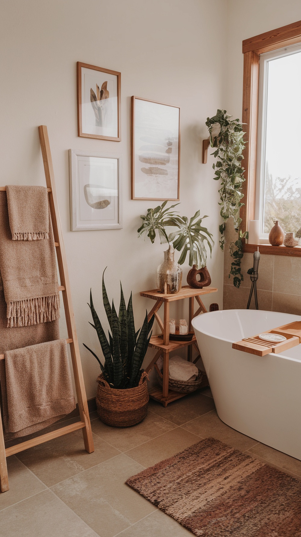A boho bathroom featuring natural elements, earthy tones, plants, and warm textiles.