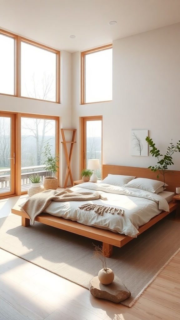 A bright and airy Japandi bedroom with large windows and minimal decor.