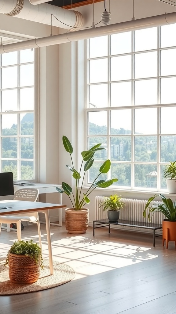 A bright and airy office space with large windows, plants, and a desk.
