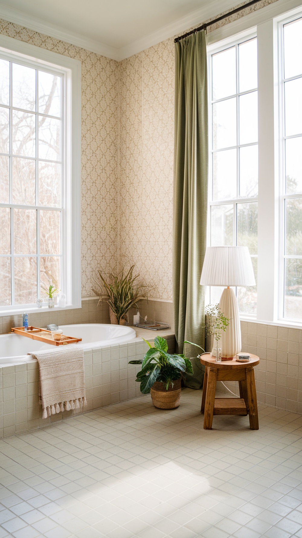 Bright and airy bathroom with large windows, green curtains, and plants.