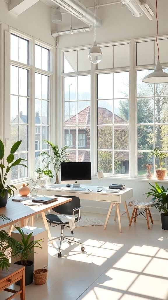 Bright home office with large windows, plants, and a desk