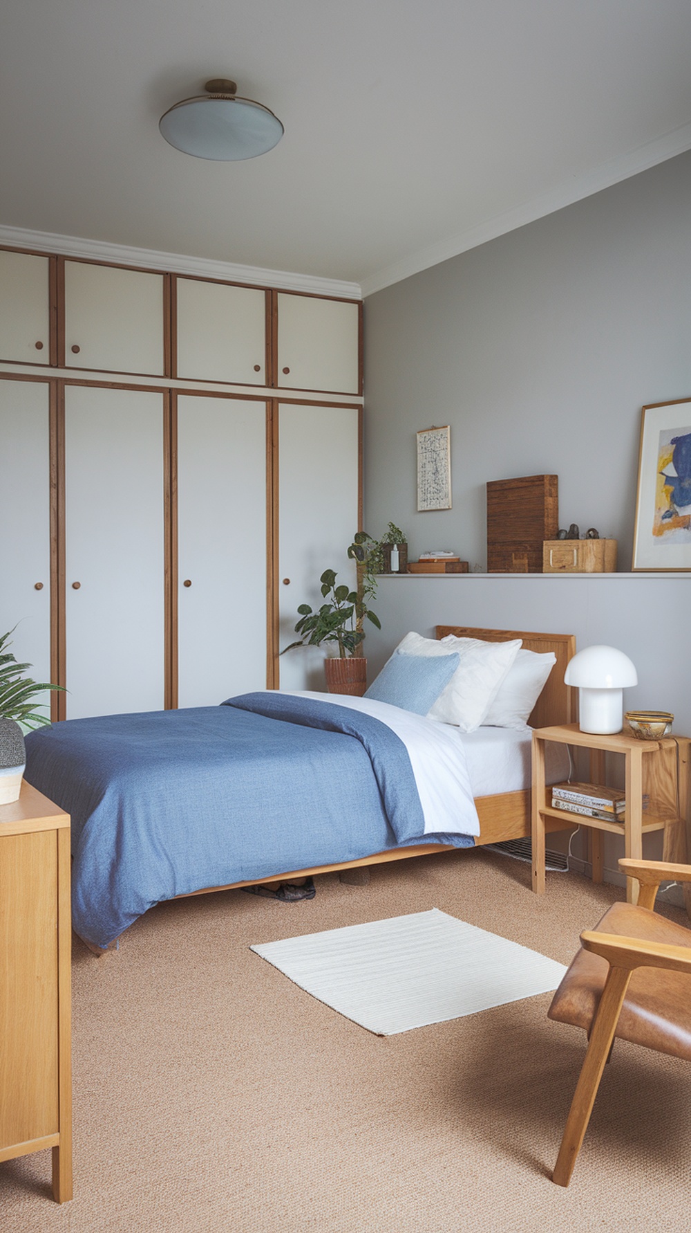A minimal Japandi bedroom featuring natural wood accents, a wooden bed frame, and soft blue bedding.