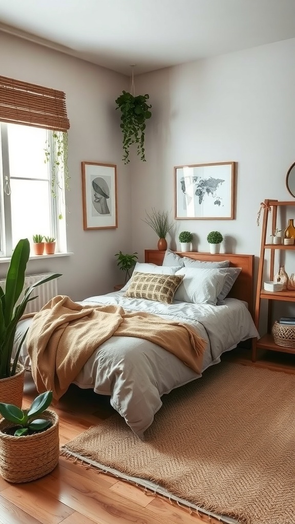 A cozy bedroom with nature-inspired decor, featuring plants, warm blankets, and wooden accents.