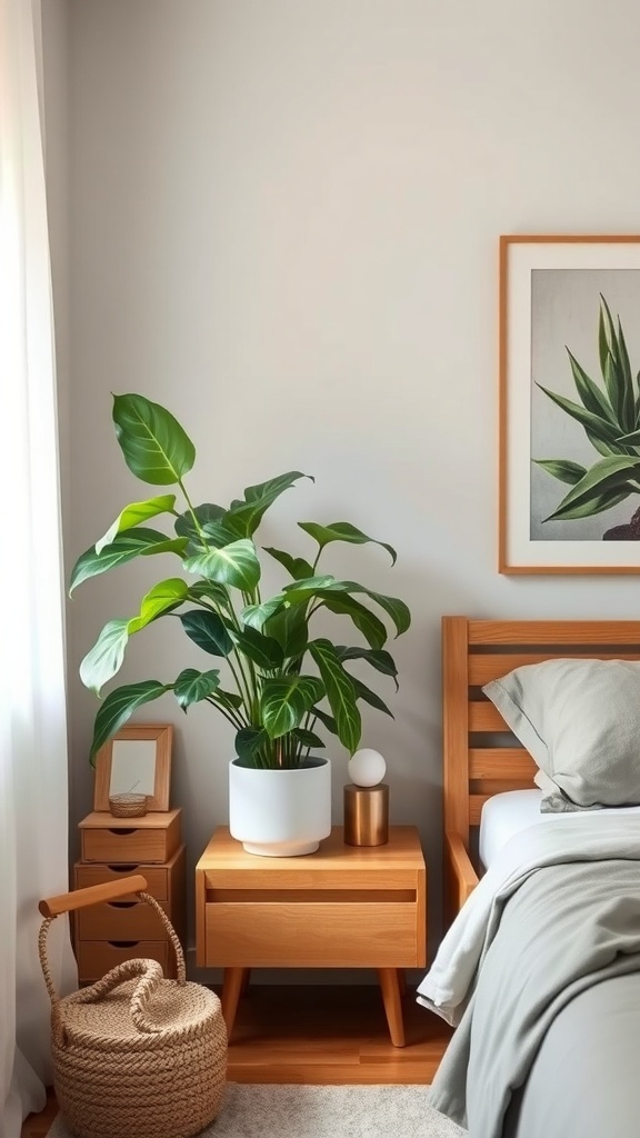 A cozy bedroom featuring plants, wooden furniture, and soft bedding.