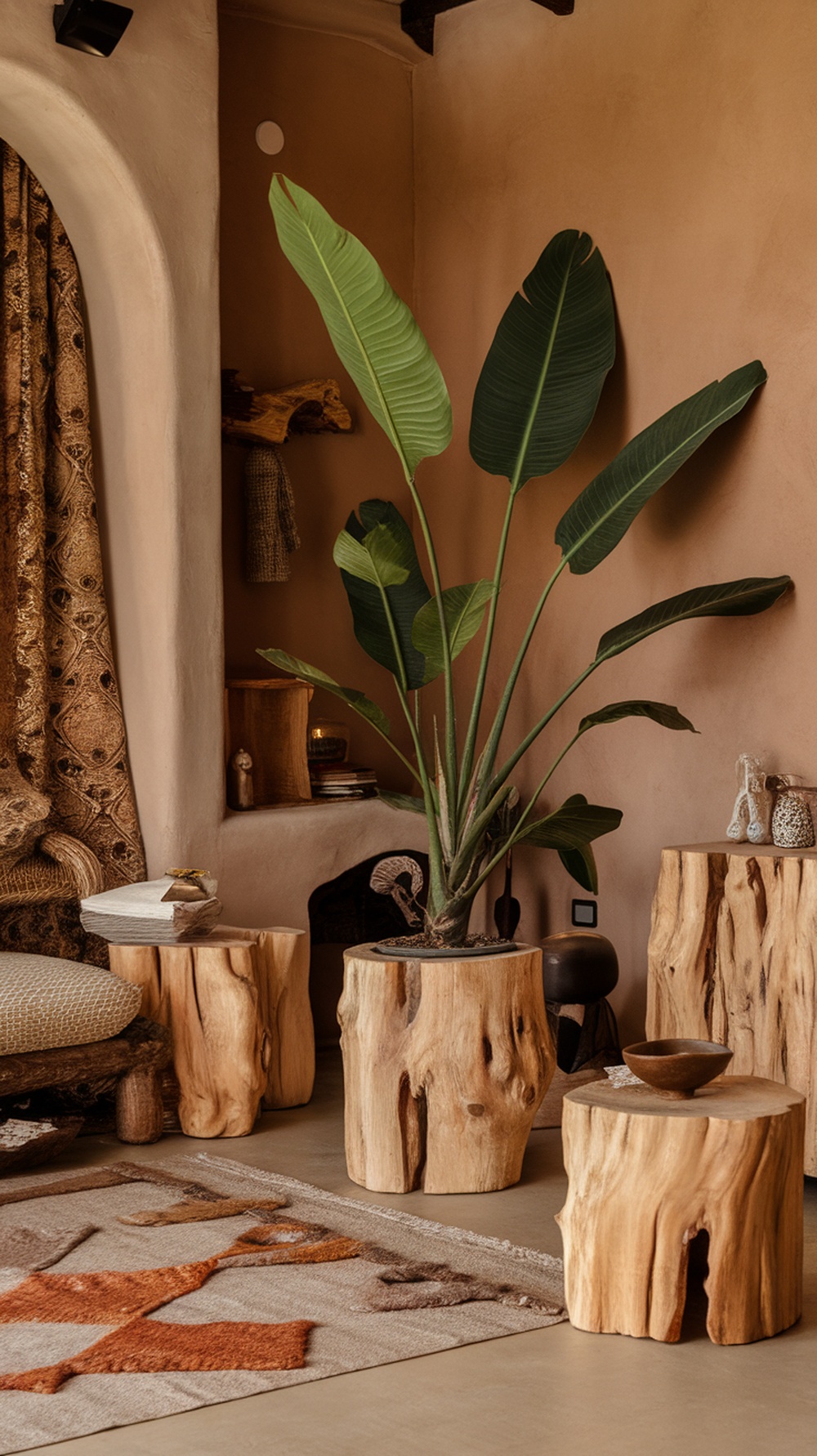 A cozy interior featuring large green leaves, wooden furniture, and earthy tones.
