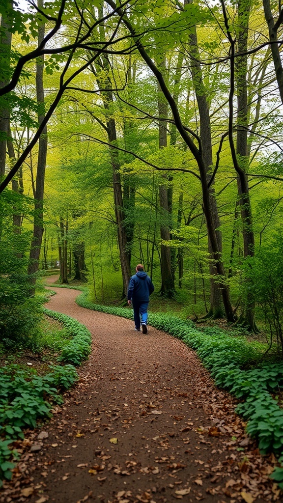 A person walking on a winding path through a lush green forest.