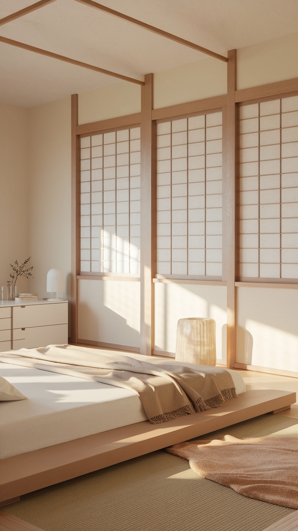 A serene Japandi bedroom featuring a neutral color palette with light wood accents and soft textiles.