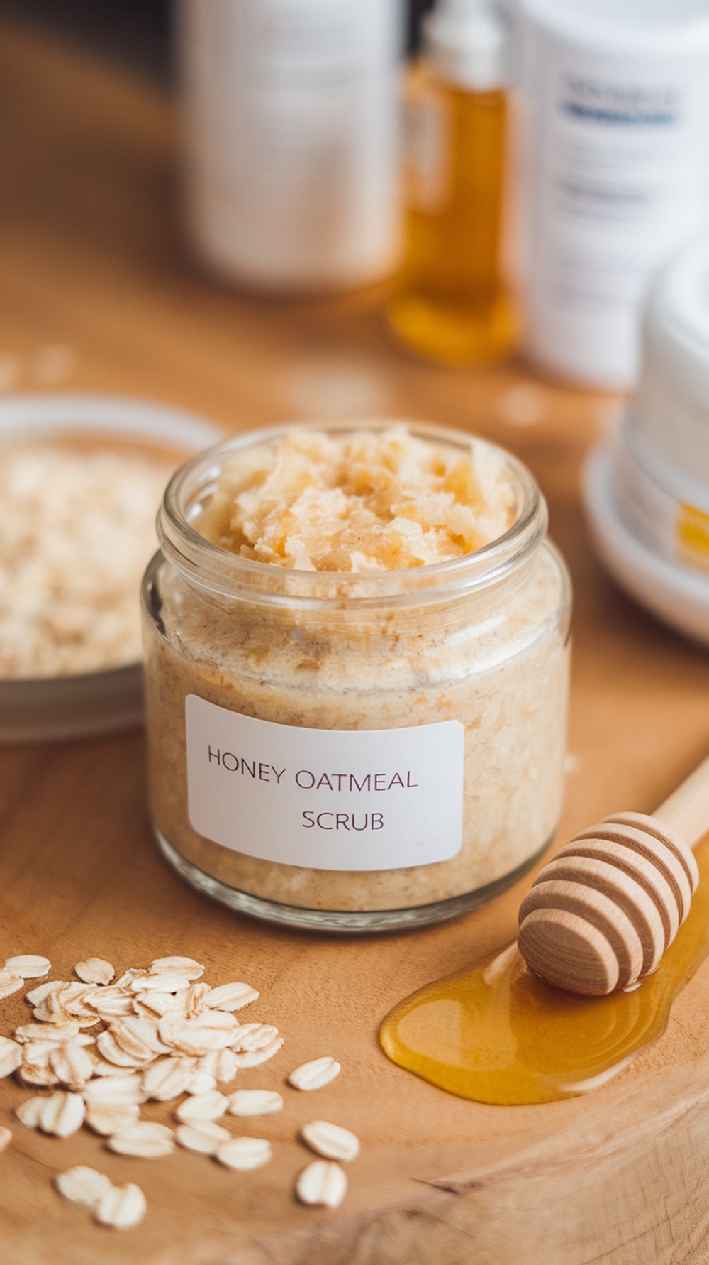 A jar of honey oatmeal scrub with oats and honey on a wooden surface