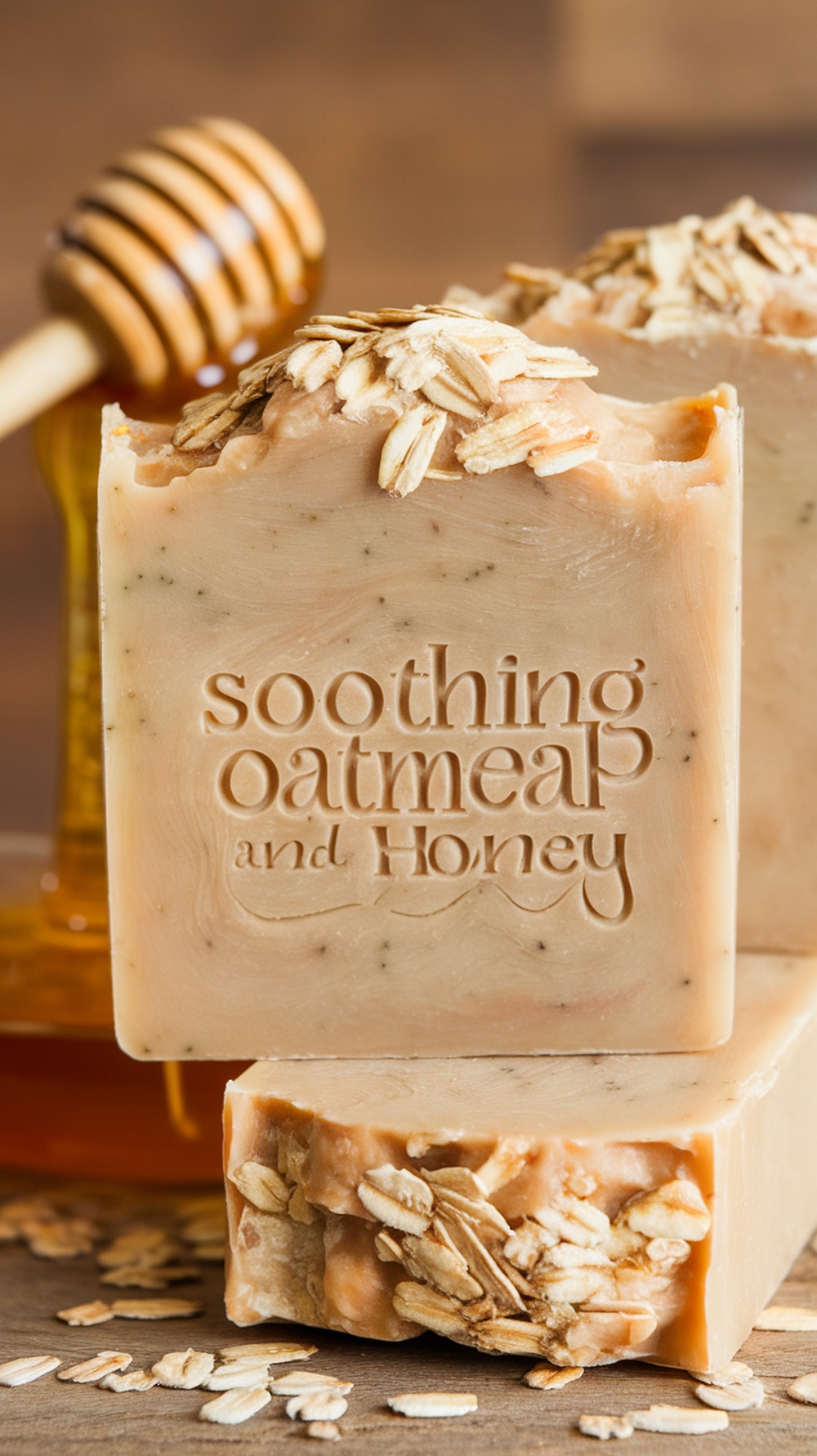 A close-up of oatmeal and honey soap with oats on top and a honey dipper in the background.