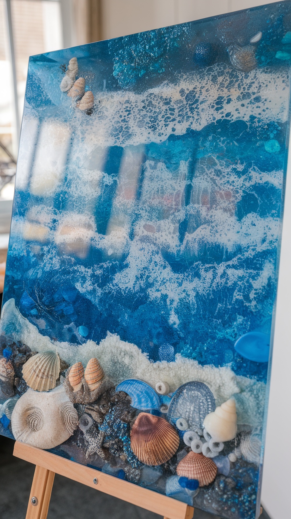 Ocean-inspired resin art featuring blue waves and seashells