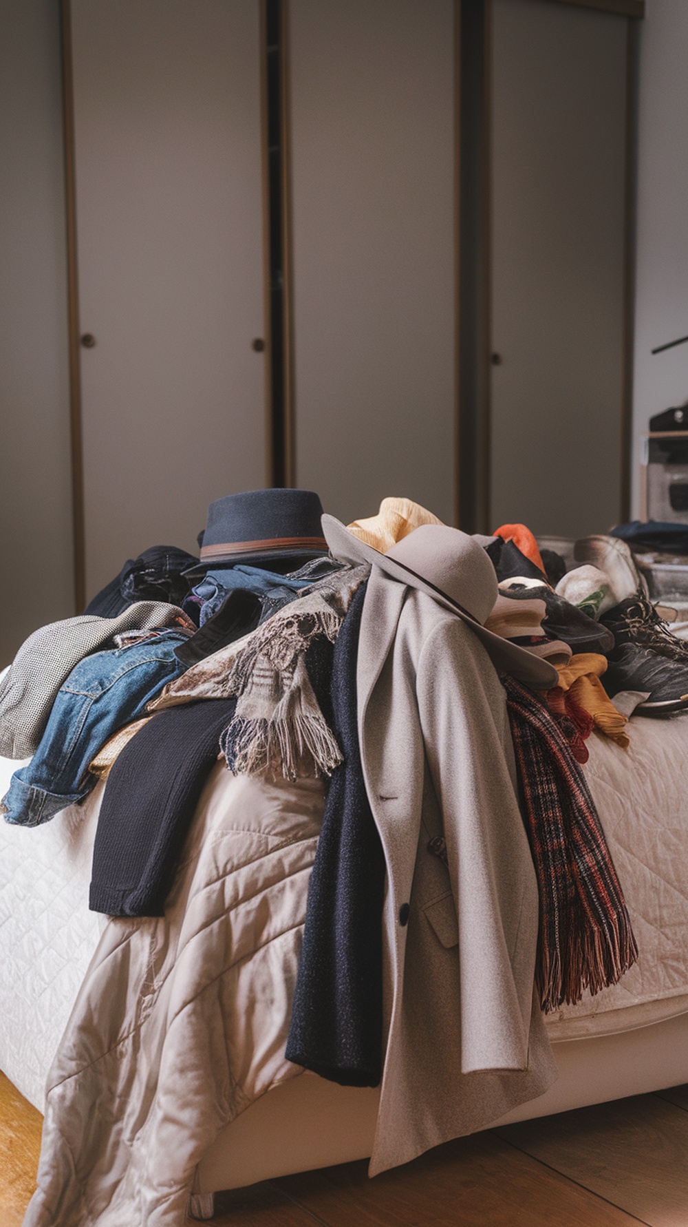A messy bed covered with various old clothing and accessories, indicating a need for decluttering.
