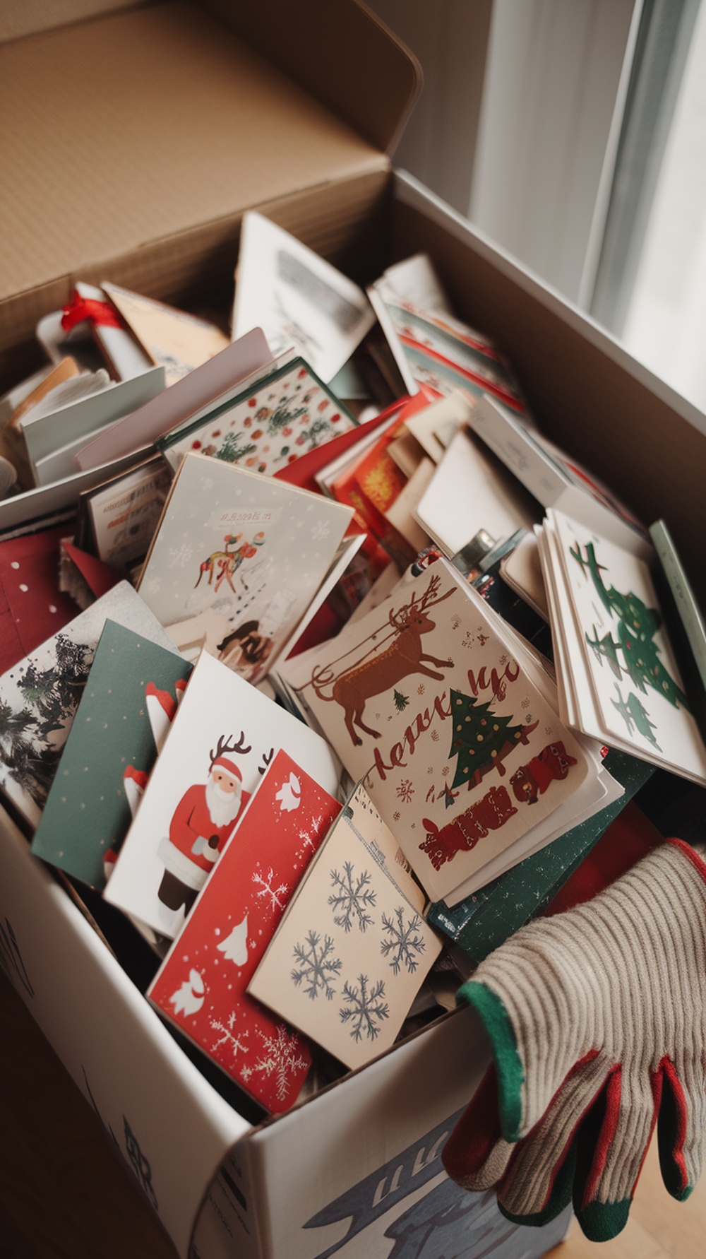 A box filled with old holiday cards, showcasing various festive designs and colors.