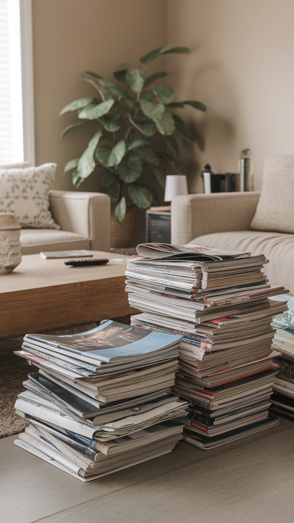 A stack of old magazines and newspapers piled on a coffee table in a cozy living room.