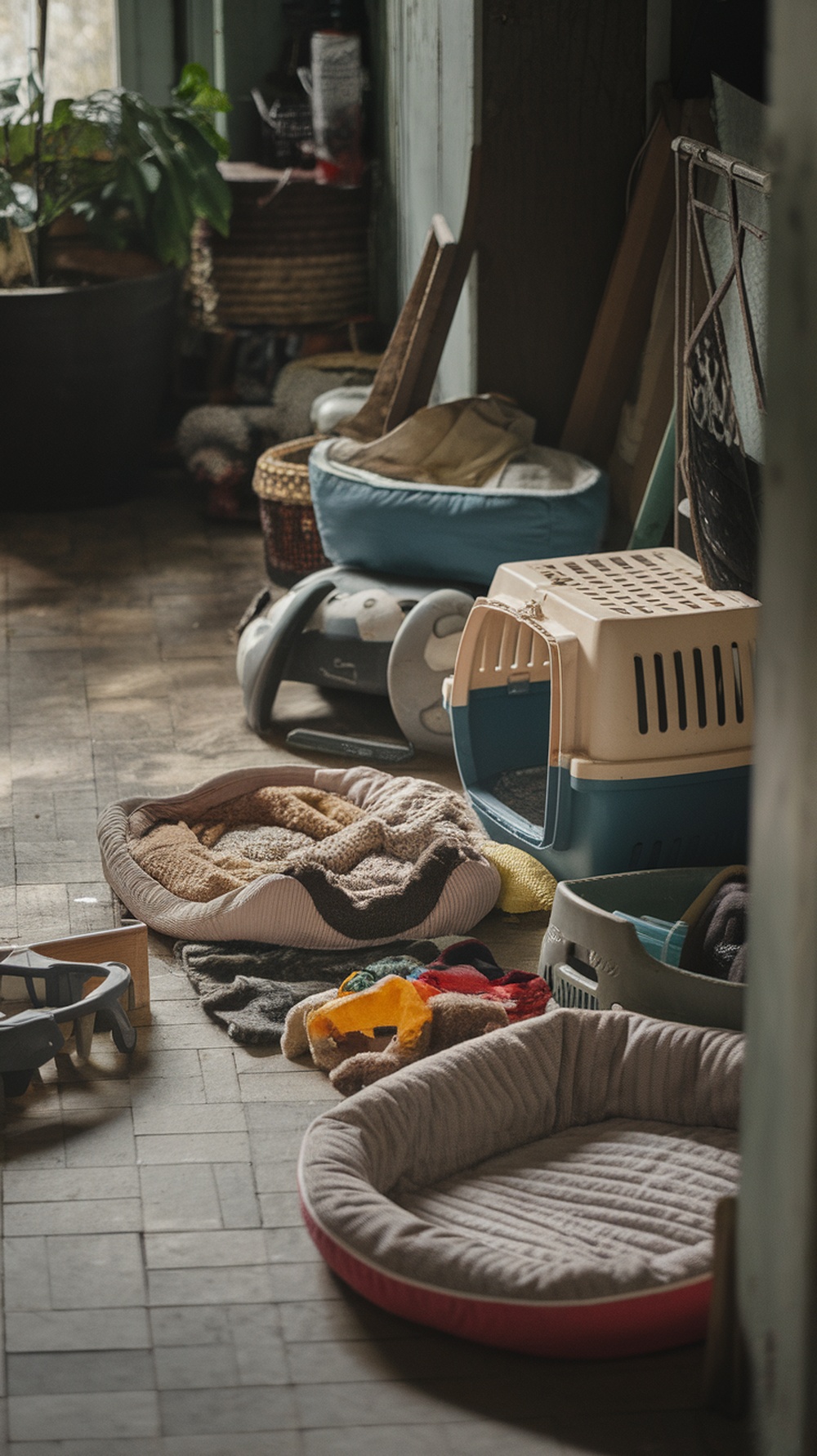 A cluttered area with old pet supplies including beds, toys, and a carrier.