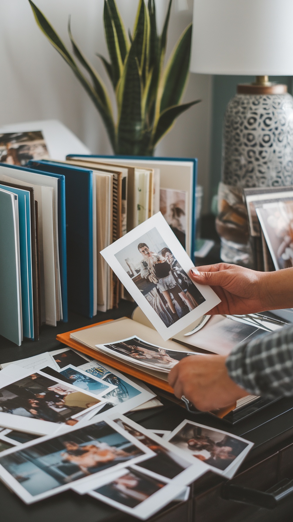 A person sorting through old photo prints on a table, with photo albums and scattered pictures.