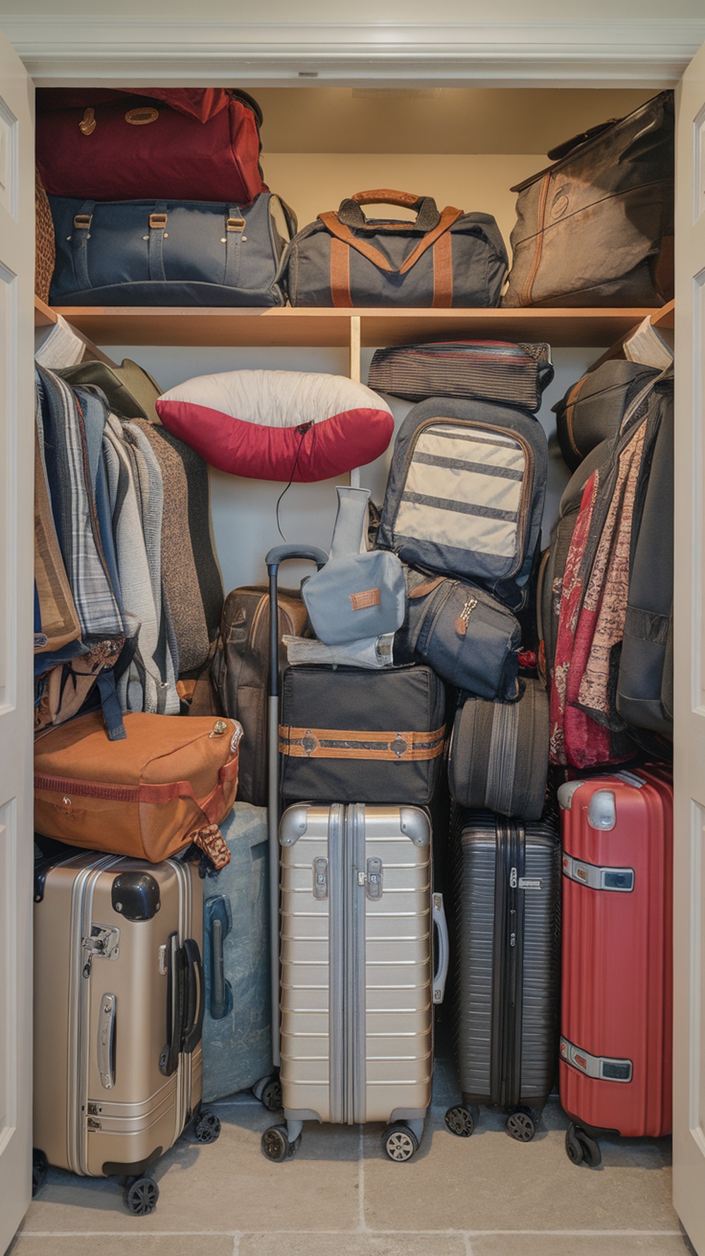 A cluttered closet filled with various travel bags and suitcases.