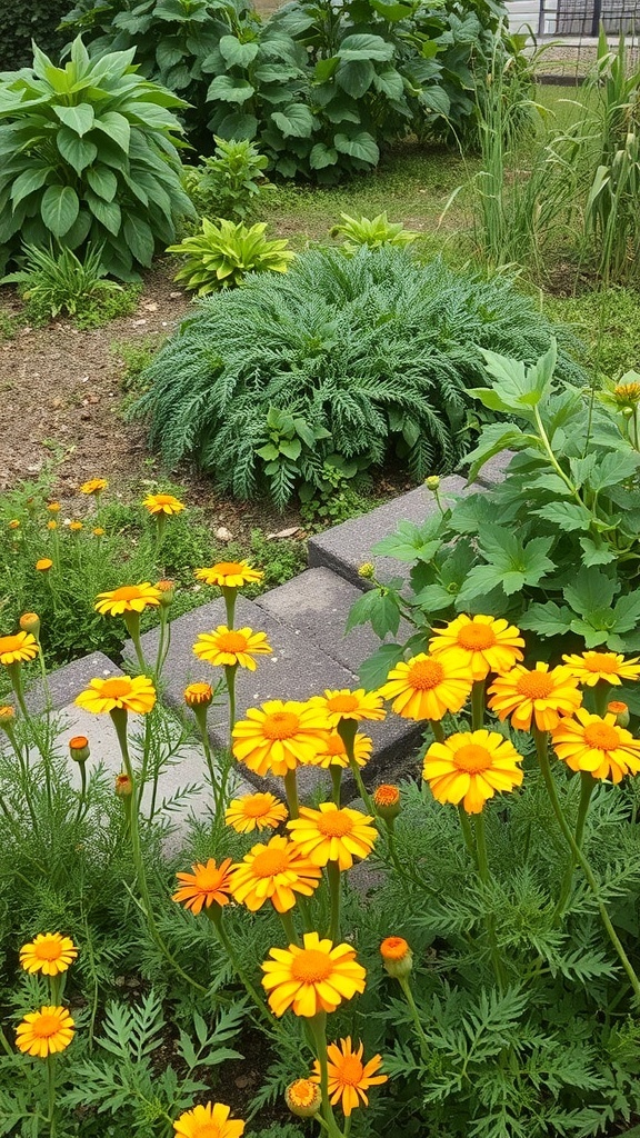 A vibrant garden with yellow calendula flowers and lush green plants, showcasing organic pest control methods.