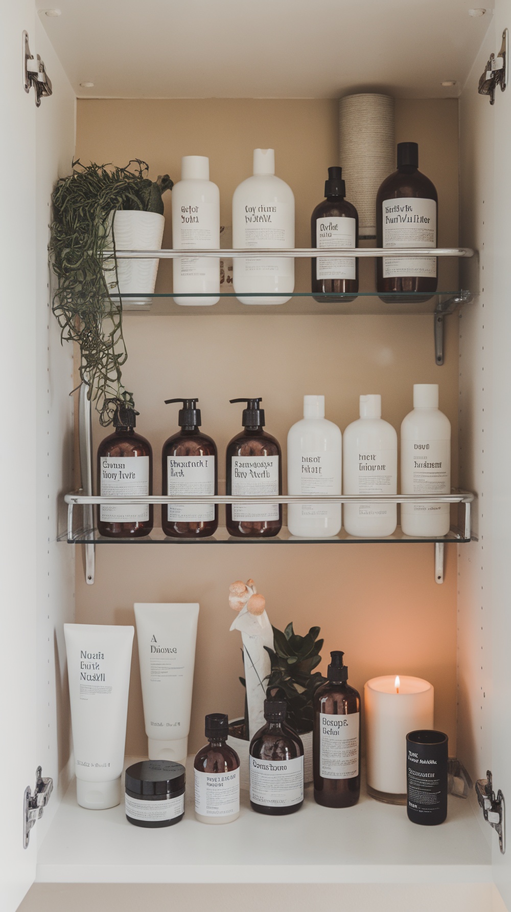 Organized bathroom cabinet with various beauty and personal care products neatly arranged on shelves.