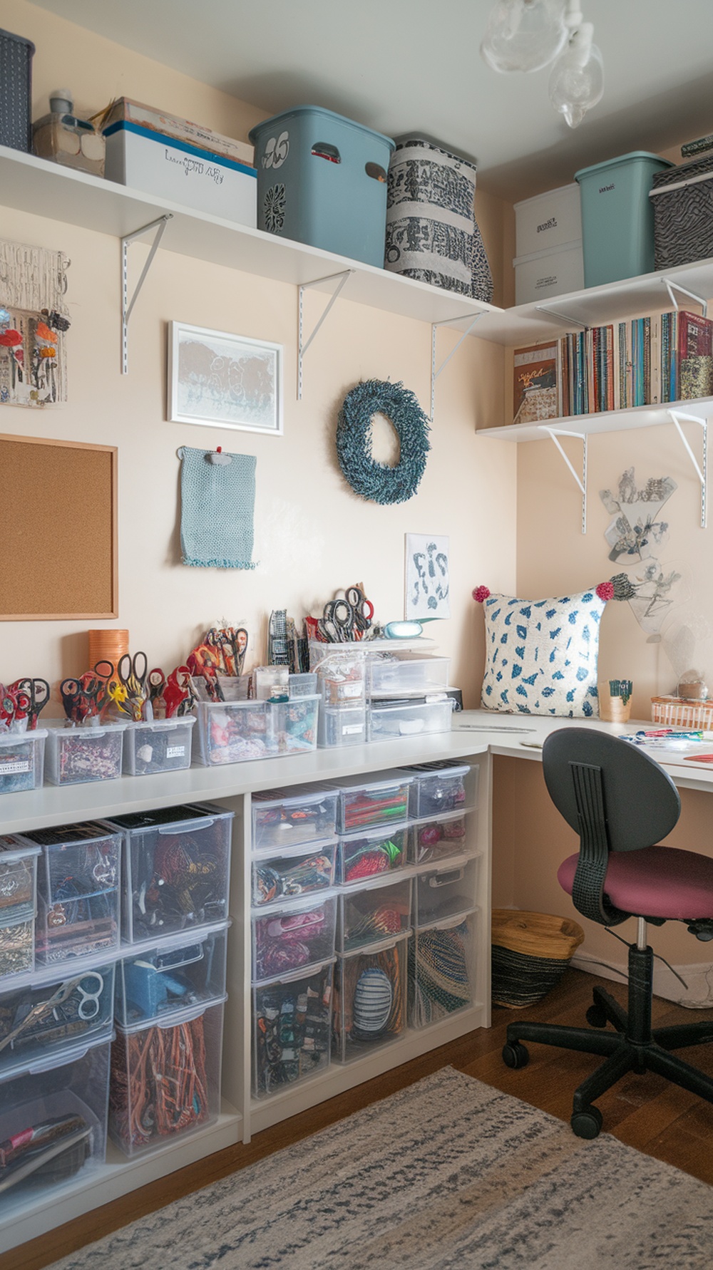 A well-organized craft room with clear storage bins, shelves, and a cozy chair.