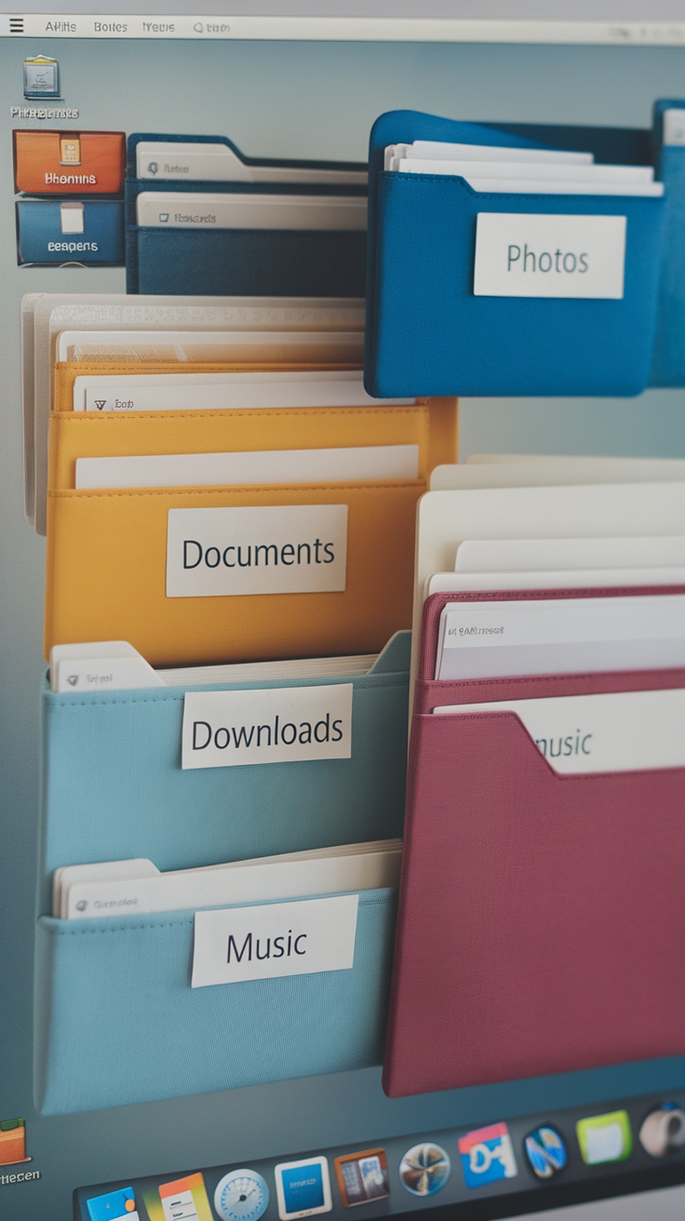 A computer screen displaying a colorful layout of organized digital files and folders.