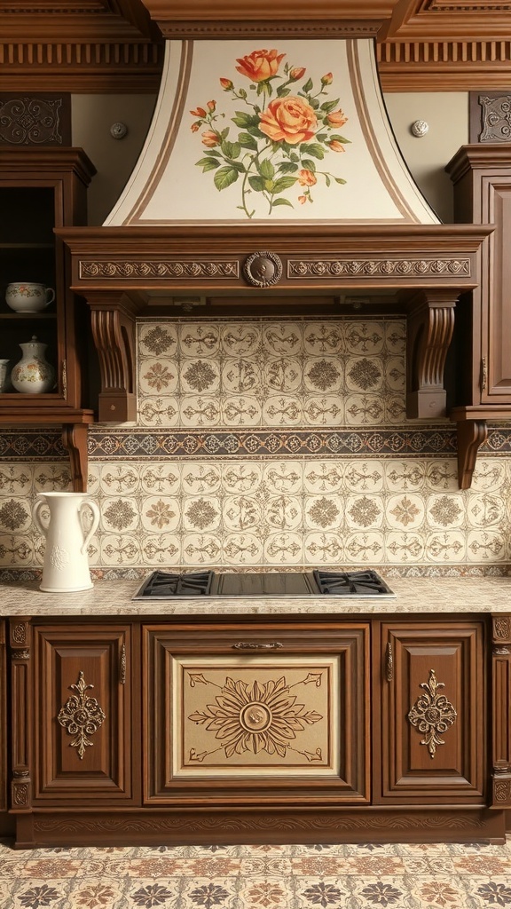 Victorian kitchen with ornate backsplash and floral motifs