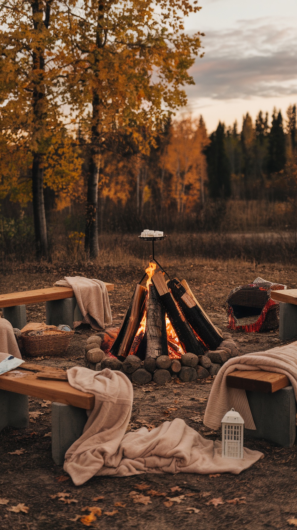 A cozy bonfire setup with benches, blankets, and a warm fire surrounded by autumn trees.