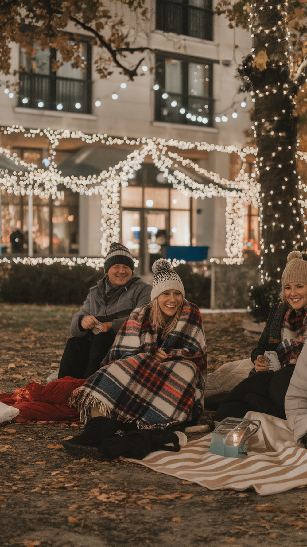 A cozy outdoor gathering with friends, featuring blankets, warm clothing, and twinkling lights.