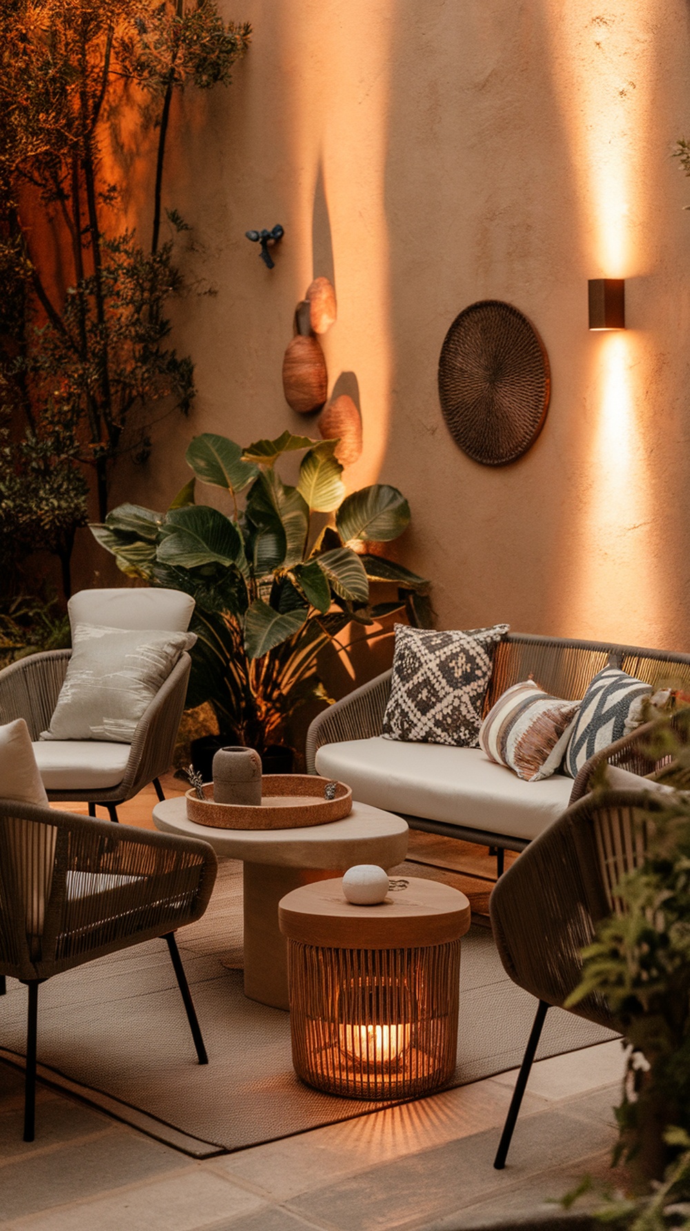A cozy outdoor patio with stylish seating, warm lighting, and decorative plants.