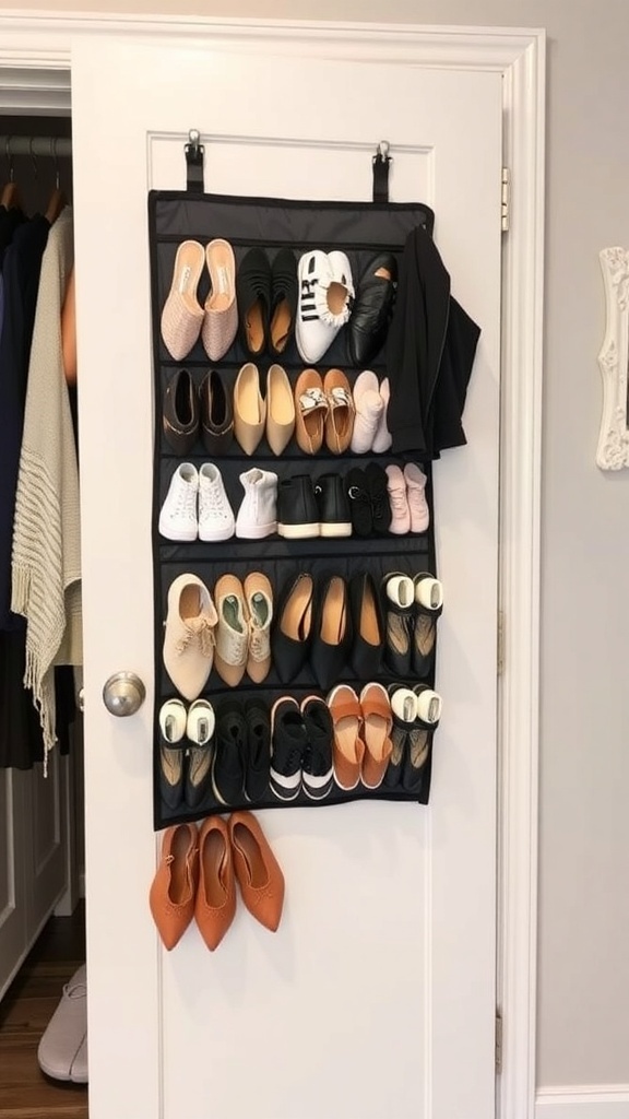 A hanging shoe organizer on the back of a closet door, displaying various pairs of shoes.