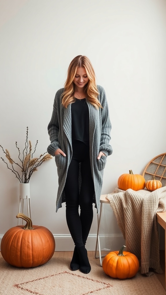 An oversized beige cardigan draped over a mannequin, paired with a pumpkin-patterned blanket and surrounded by decorative pumpkins and a lantern.