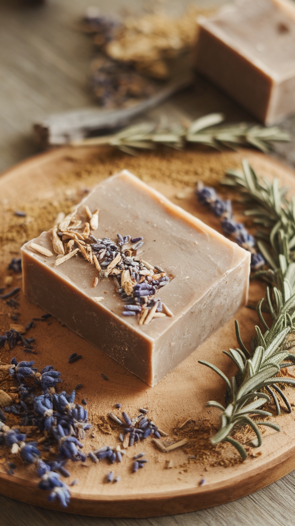 A bar of Patchouli and Bergamot Earthy Soap with dried lavender and herbs on a wooden plate.